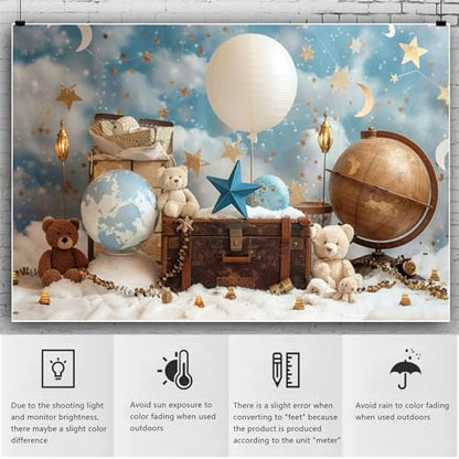 YongFoto Travel Adventure Theme Backdrop 6x4ft Cute Clouds Sky Stars Bear Globe Photography Background Adventure Awaits Baby Shower Girl Boy 1st 2nd Birthday Party Banner Kids Portraits Photoshoot - color: Style 5, size: 6ftx4ft