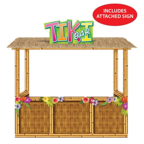 Beistle 3-D Tiki Bar Prop – Large Corrugated Cardboard Luau Display, 6' 11" x 7' 3" Life Size Hawaiian Themed Beach Party Decoration with Floral Details and Sign, Assembly Required