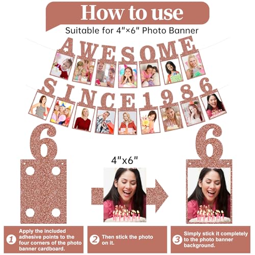 Pre-strung Awesome Since 1986 Photo Banner Birthday Decorations for Women- Pink Rose Gold Glitter 40th Birthday and Anniversary Decorations Party Supplies - style: Pink Rose Gold 40th