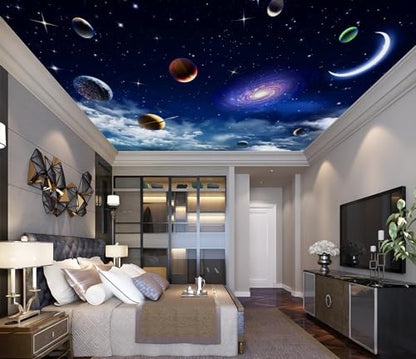 Galaxy Planet Wallpaper Blue Sky Stars Moon Ceiling Wall Mural for Living Room Bedroom（Not Peel and Stick） - color: CYBH-909, size: 130" x 95"