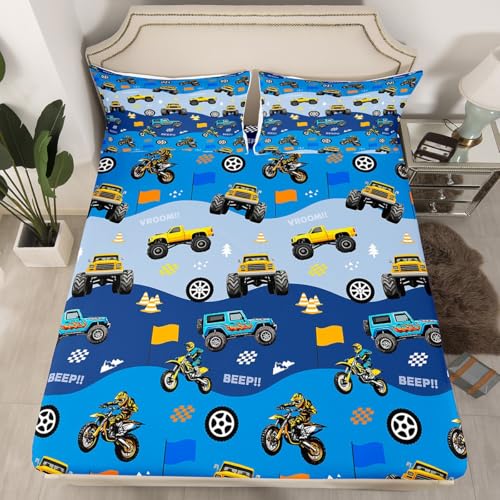 Motorcycle Kids Fitted Sheet Twin Size,Cartoon Racing Cars Truck Off-Road Vehicle Toddler Bedding Set,Boys Men Room Decor,Race Flag Sport Game Wave Blue Bed Cover,1 Pillowcase（No Flat Sheet） - color: Blue, size: TWIN (W39*L75*H16")