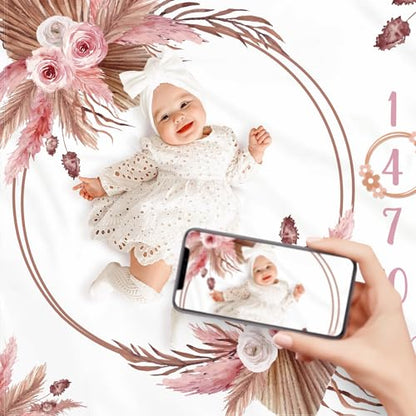 Floral Boho Baby Monthly Milestone Blanket Little Girl Bohemian Photo Prop Blanket Personalized Bliss Baby Present Pampas Grass Ideas for Newborn Princess Pinkk Nursery Décor 40" X 50"