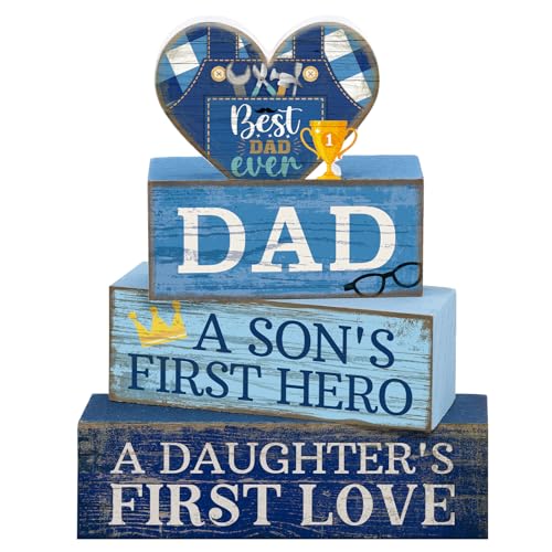 Lineshading 4 Pcs Fathers Day Table Decorations Wooden Blue Heart Trophy Decor Happy Father's Centerpieces Gifts for Dad from Daughter Son Fathers Day Decoration for Home Shelf Indoor Party Decoration - style: Dad