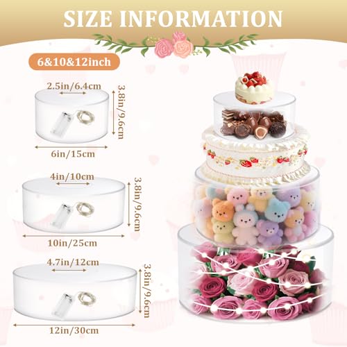 3Pcs Acrylic Cake Display Stand 6'' 8'' 10'' Round 3 Tier Clear Cylinder Cake Box for Wedding Birthday Party Decor (6 / 10 / 12 Inch) - size: 6 &10 &12