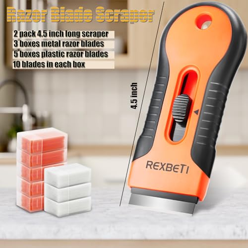 REXBETI Razor Blade Scraper Tool, 2 Pack Razor Scraper Set with Extra 80Pcs Razor Blades -30Pcs Metal and 50Pcs Plastic Blades, Cleaning Scraper Tool, Cooktop, Paint, Glass Scraper - style: Original 2 Pack