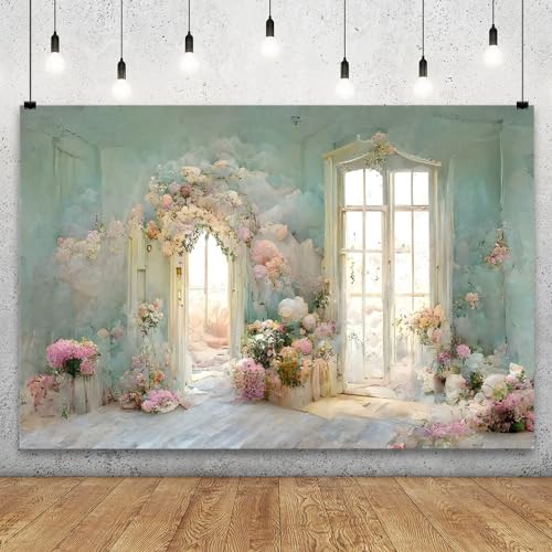 YongFoto European Style Oil Painting Backdrop 10x5ft Flowers Arched Door French Window Photography Background Birthday Bridal Shower Wedding Party Banner Home Decor Photoshoot Photo Studio Props - size: 10ftx5ft
