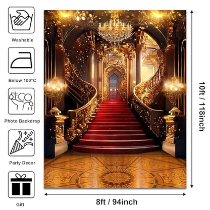 Avezano Luxurious Palace Backdrop Royal Gorgeous Castle Red Carpet Background Wedding Ceremony Night Prom Party Birthday Video Photography Backdrops, 8x10ft - size: 8x10ft