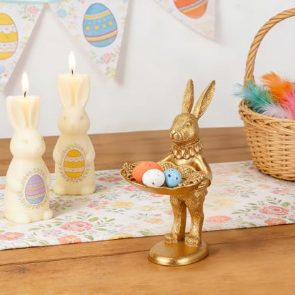 Garneck Gold Bunny Statue Decor: Retro Rabbit Figurine with Oval Plate Jewelry Trinket Dish Ring Tray for Earrings Necklace Bracelet Keys Desktop Nightstand Easter Home