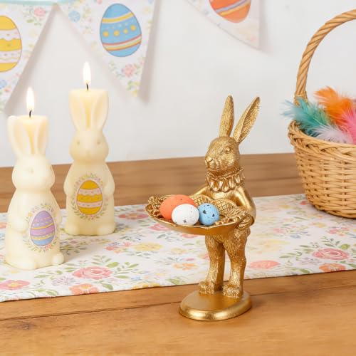 Garneck Gold Bunny Statue Decor: Retro Rabbit Figurine with Oval Plate Jewelry Trinket Dish Ring Tray for Earrings Necklace Bracelet Keys Desktop Nightstand Easter Home