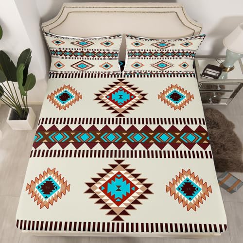 Feelyou Wild West Sheet Set Full Size Kids Western Ethnic Tribal Bed Sheets Set for Boys Girls Teens Boho Exotic Sheets with Deep Pocket Fitted Sheet Bohemian Bedding Set Blue Bed Set - color: Blue Brown Beige, size: Full