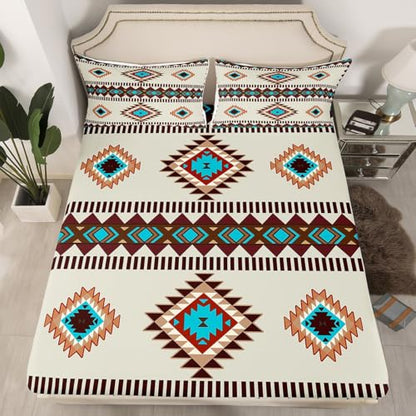 Feelyou Wild West Sheet Set Full Size Kids Western Ethnic Tribal Bed Sheets Set for Boys Girls Teens Boho Exotic Sheets with Deep Pocket Fitted Sheet Bohemian Bedding Set Blue Bed Set - color: Blue Brown Beige, size: Full