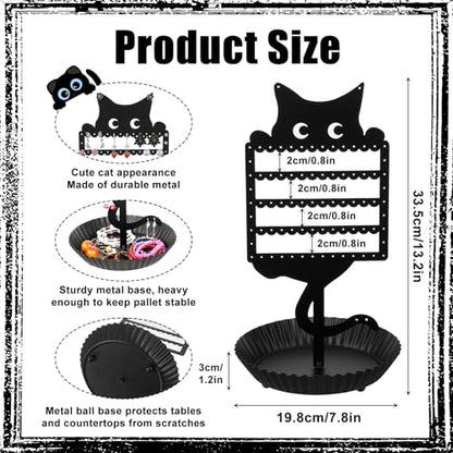 Cat Earring Holder Organizer Stand, Black Metal Jewelry Display Rack with Multiple Holes Hooks for Studs, Hoops, Necklaces, Bracelets, Rings, Cute Cat-Shaped Vanity Earring Tree for Girls