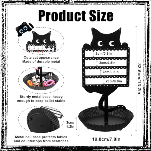 Cat Earring Holder Organizer Stand, Black Metal Jewelry Display Rack with Multiple Holes Hooks for Studs, Hoops, Necklaces, Bracelets, Rings, Cute Cat-Shaped Vanity Earring Tree for Girls