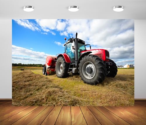 BELECO 15x10ft Fabric Farming Tractor Photography Backdrop Countryside Field Red Tractor Haystack Fall Harvest Photography Background Autumn Themed Party Decoration Photo Studio Props - size: 15x10FT
