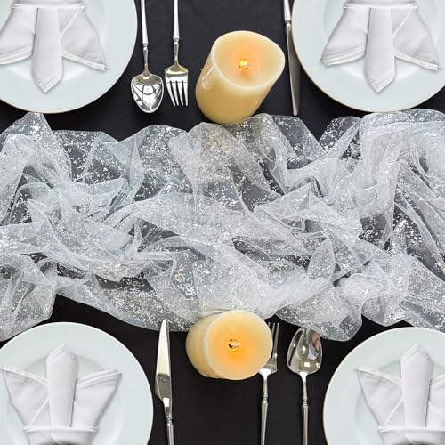 AerWo 2 Pcs Silver Table Runner 10FT, Boho Foil Glitter Sheer Sequin Table Runners 120 Inches Long, Wedding Centerpiece Table Decorations for Party Supplies Bridal Baby Shower Birthday Decorations - size: 2 Pieces, style: Silver