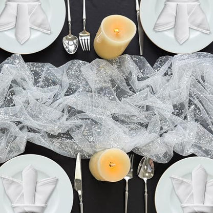 AerWo 2 Pcs Silver Table Runner 10FT, Boho Foil Glitter Sheer Sequin Table Runners 120 Inches Long, Wedding Centerpiece Table Decorations for Party Supplies Bridal Baby Shower Birthday Decorations - size: 2 Pieces, style: Silver