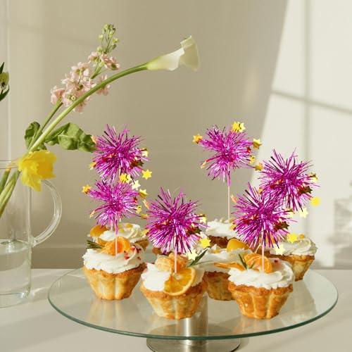 30 PCS Foil Firework Cupcake Toppers Happy Birthday Star Cupcake Picks Sparkle Tinsel Drink Stirrers Cocktail Fruit Toothpicks for Valentine's Day Wedding Birthday Party Decorations Supplies Purple - color: B-purple