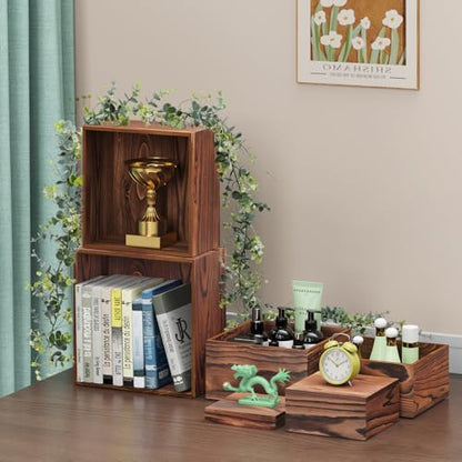 6 PCS Wooden Buffet Risers, Wood Display Risers for Food, Wooden Square Risers Display Stands, Food Risers for Buffet Table (10", 9" , 8", 7", 6", 5") with 67" Faux Greenery Vine