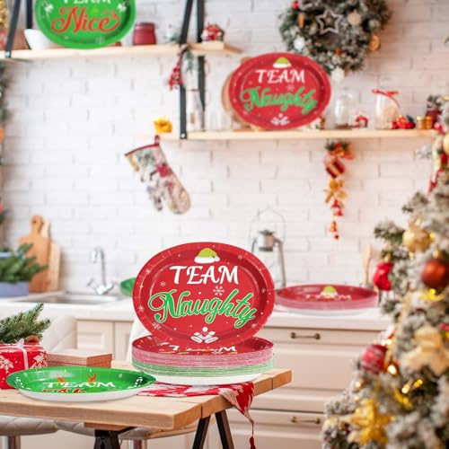 50Pcs Christmas Oval Paper Plates Team Naughty Team Nice Party Decorations 10" x 12" Large Disposable Heavy Duty 400GSM Red and Green Christmas Dinner Plates for Xmas Holiday Cocktail Party Supplies - style: Team Naughty Team Nice Oval Plates