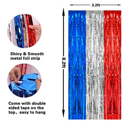 PIGETALE, 2 Pack 3.2 x 8.2 ft Red White and Blue Foil Fringe Backdrop Curtain, Streamer Backdrop Tinsel Curtains Photo Booth Props for Graduation Birthday Memo - color: Blue, Silver and Red