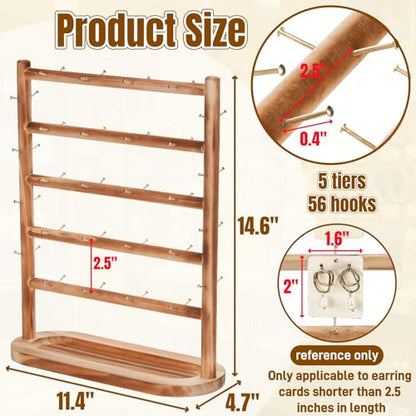 Earring Display Stands for Selling, 5 Tier Wooden Jewelry Display Rack with 56 Hooks for Vendors, Two-Sided Desktop Jewelry Towers Earring Cards Organizer for Bracelets, Rings