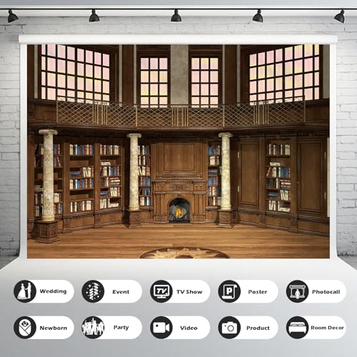 Library Backdrop Old Mansion with Wooden Walls Marble Columns Photography Background Fireplace with Sparkling Fire Backdrops Luxury Library Interior Bookshelf Backgrounds Decor Props 5x4ft - color: Brown, size: 5x4ft