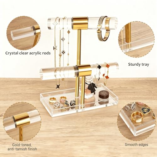 Acrylic Jewelry Display Stand 2 Tier Clear Bracelet Holder Necklace Stand Gold Metal T Bar Tower Organizer With Bottom Tray for Rings Make-up Case