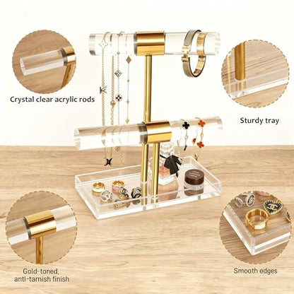Acrylic Jewelry Display Stand 2 Tier Clear Bracelet Holder Necklace Stand Gold Metal T Bar Tower Organizer With Bottom Tray for Rings Make-up Case