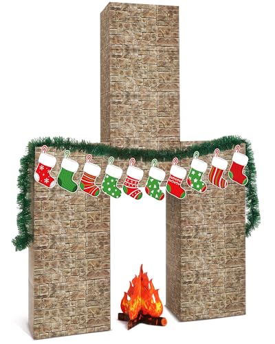 Fullhawl 34 Pcs 3D Christmas Cardboard Fireplace 39 x 59 Inch DIY Christmas Artificial Fireplace with Stocking 3D Fire Flame Prop Pine Garland Fake Fire Place Backdrop for Xmas Decor(Stone Brick) - color: Stone Brick