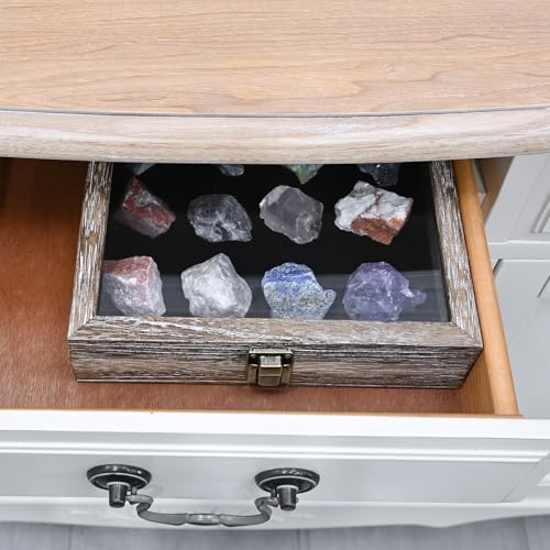 MOOCA Tempered-Glass Top Small Wooden Jewelry Display Case with Removable Black Luxurious Velvet Jewelry Display Pad, Deeper 2.2" Design for Collectibles, Coffee Color. - color: Coffee With Velvet Pad