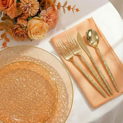 I00000 150Pcs Clear Orange Plastic Plates with Gold Rim,Orange Disposable Plastic Plates,Gold hammer patterned Disposable plates Set include 30 Dinner Plate,30 Dessert Plate,90 Silverware Set - color: Clear Orange