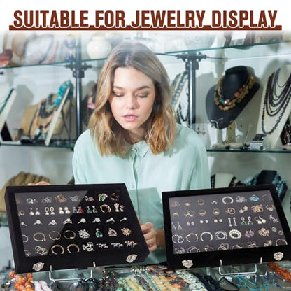 Nosiny 2 Pcs Velvet Jewelry Tray 48 Grid Jewelry Display Tray Organizer Box with Transparent Lid Rings Earrings Necklaces Pendants Display Box for Women Cases Dressing Tables Drawers