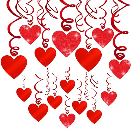 30 Pcs Valentines Day Decorations Hanging Swirls,Red Glitter Heart Hanging Decorations Love Heart Swirls for Valentine's Day Party Decorations Supplies Romantic Wedding Photo Prop Glitter Ornaments