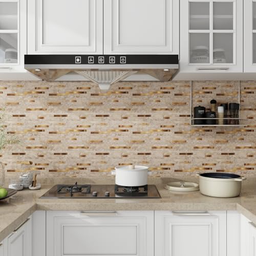 Peel and Stick Backsplash for Kitchen, 10 Sheets PVC Self Adhesive Wall Tile, Waterproof Heat Resistant Stick on Backsplash for Bathroom RV Fireplace, Mixed Beige Marble Look, 9.2 Sq. Ft. - color: Mixed Beige