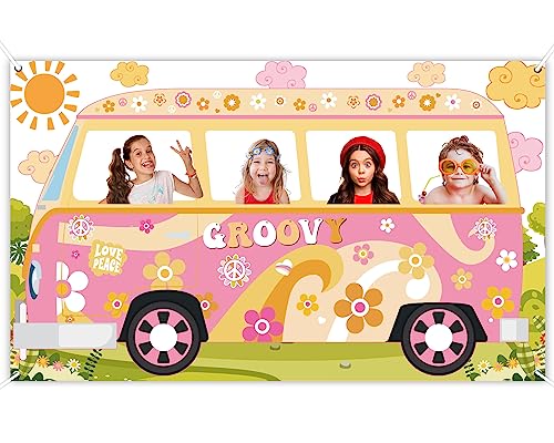 Hippie Bus Photo Prop Groovy Birthday Party Decorations Large Fabric Groovy Van Prop Hippie Selfie Frame Backdrop Background Banner Birthday Supplies Retro Daisy 60s 70s Party Favors 65.8 x 35.4 Inch - style: Hippie