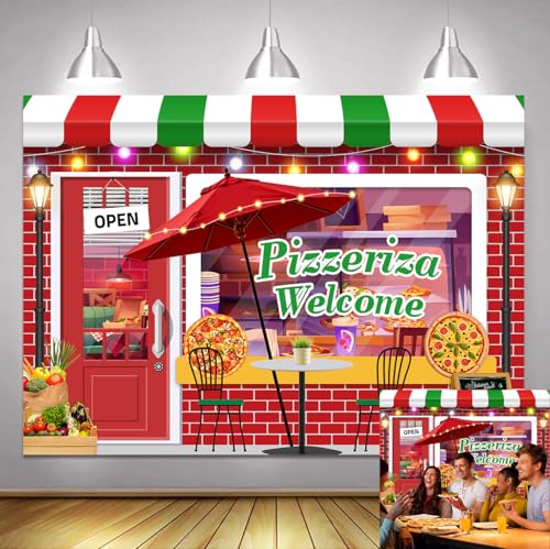 7x5ft Pizza Shop Backdrop Food Vintage Pizzeria Photography Background Pizza Party Decorations for Birthday Newborn Baby Shower Pizzeria Shop Photo Booth Props - size: 7x5ft