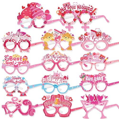 HOWAF 28pcs Galentines Paper Glasses, Happy Galentine’s Day Photo Booth Props Eyeglasses for Girls Ladies Valentines Day Party Decoration, Pink Galentines Day Eyewear for Girls Bride To Be Supplies