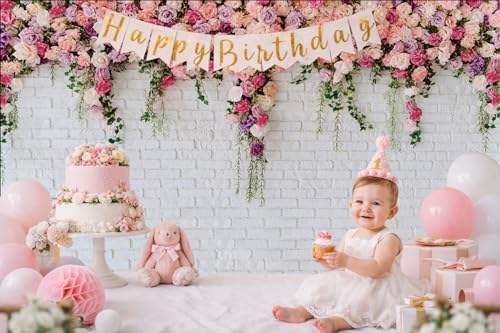 5x3ft White Brick Wall Floral Backdrop with Hanging Flowers – Spring Garden Photo Backdrop for Bridal Shower, Baby Shower, Birthday Party, Wedding Photography Decoration 134 - size: 5x3ft