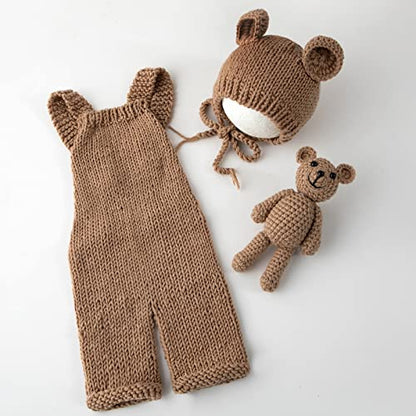 Newborn Photography Props Boys Girls Outfits Baby Photo Props Knit Bear Hat Romper Photoshoot Costume Set - color: Camel