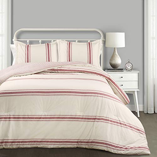Lush Decor Farmhouse Stripe Reversible Cotton Comforter Set, 3 Piece Set, Full/ Queen, Red - Cozy Farmhouse Bedding Set - Rustic Decor - Striped Comforter - Modern Farmhouse Bedroom Decor - color: Red, size: Full/Queen