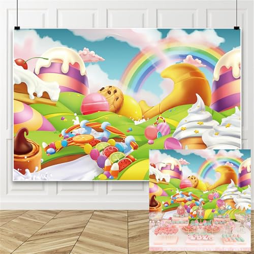 AOFOTO 10x7ft Candyland Backdrop Fantasy Giant Lollipop Candy Land Candy Themed Party Decorations Banner Cartoon Rainbow Ice Cream Dessert Shop Decor Background Kids Baby Birthday Photoshoot Props - size: 10x7ft
