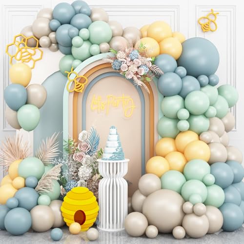 Green Blue Yellow Balloon Arch Kit,Boho Balloon Garland with Sage Green and Blue Yellow White Sand Balloons for Baby Shower Bridal Birthday Bee Bear Theme Party Decoration - color: Sage Green