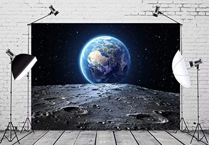 BELECO 8x6ft Fabric Universe Photography Outer Space Backdrop Earth Moon Surface NASA Planet Stars Footprints Photography Backdrop Baby Shower Birthday Party Decoration Kids Photoshoot Photo Props - size: 8x6ft