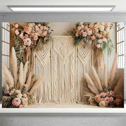 Bohemian Pampas Grass Art Photography Backdrops Retro Boho Flowers Window Photography Background Bohemian Room Backdrops Adult Birthday Wedding Maternity Portrait Decor Backdrop (6x4feet) - size: 6x4feet
