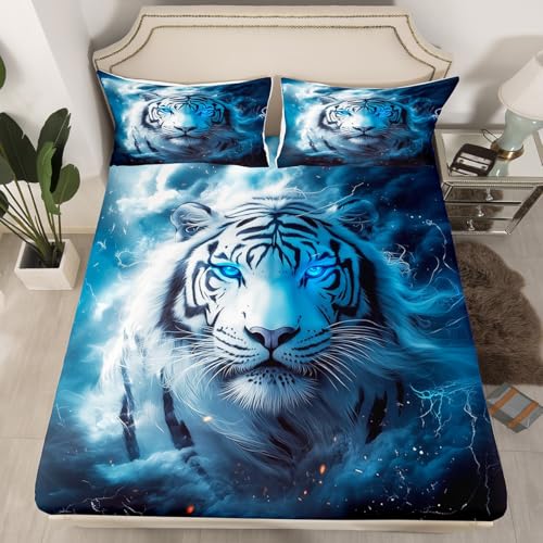 Feelyou Tiger Bed Sheets Set King Size Safari Cat Print Bedding Set for Kids Boys Girls Wildlife Sheets with Deep Pocket Fitted Sheet Wild Animal Bedding Set - color: Black Blue, size: King
