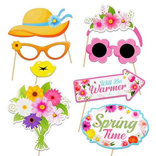 HOWAF 25 Pieces Hello Spring Photo Booth Props, Colorful Spring Flower Party Photo Booth Prop Spring Party Favor for Selfie Props Spring Party Supplies