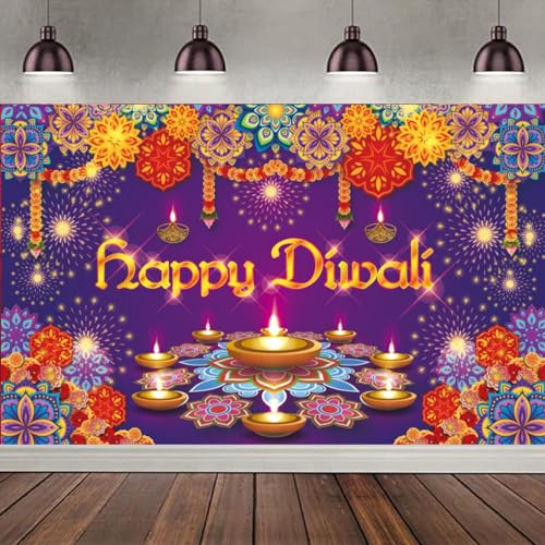 KYMY Happy Diwali Backdrop Decorations, India Festival Diwali Banner 70.9X43.3inch, Polyester Durable Festival of Lights Rangoli Photography Background for Indian Holiday Party Supplies Decor - color: Dk.Purple