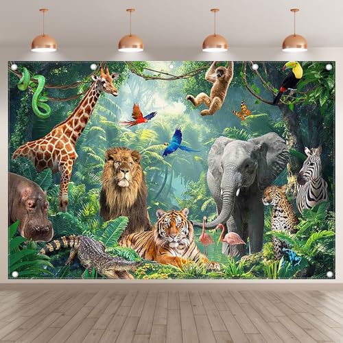 Fabric 12x8ft Jungle Forest Animals Photography Backdrop Tropical Rainforest Safari Background Wild Party Decorations Kids Event Photo Banner Props - size: 12'x8'