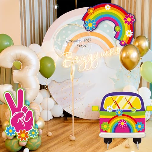 Soulchen 3 Pcs 24 Inch Large Hippie Photo Booth Props Retro Groovy Birthday Party Decorations Boho Bus Peace Sign Hand Rainbow Daisy Frame Backdrop for 60s 70s Hippie Party Supplies - style: Bright Hippie