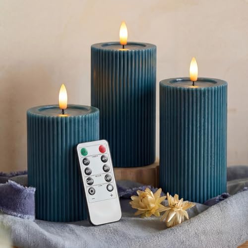 Fluted Ribbed LED Pillar Candles, Blue, with Realistic Reflective Melted-Wax Effect – Flickering Flame, Remote, Dimmable, Flameless, Battery Operated, Home & Wedding Decor (Set of 3) - color: Blue